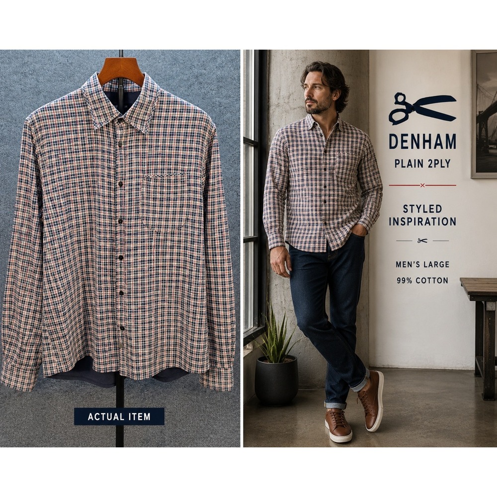 Denham Plaid Button Down Mens M Navy‎ Cream Excellent Double Layer Lined Shirt